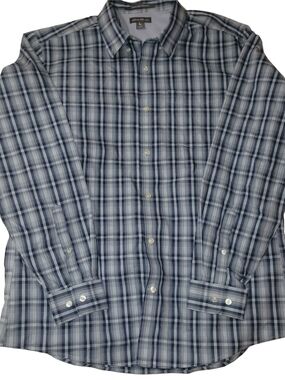 Eddie Bauer Men's Blue and Grey Plaid Classic Fit Shirt Size L